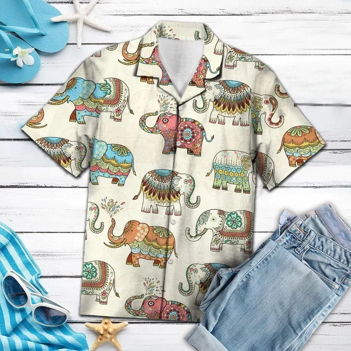 Colorful Mandala Elephant In Beige Trendy Hawaiian Shirt