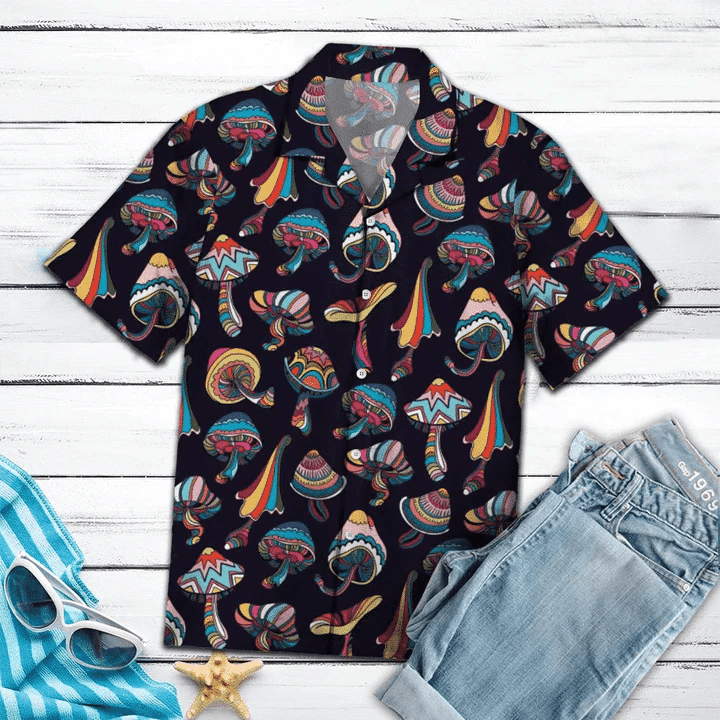 Colorful Mushroom In Black Background Trendy Hawaiian Shirt
