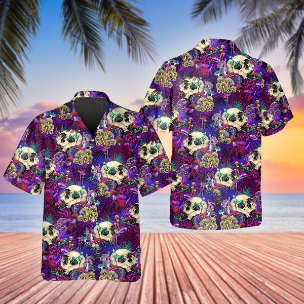 Colorful Mushroom Skull 3D Printed Trendy Hawaiian Shirt Men, Skull Flower Hawaiian Aloha Shirt