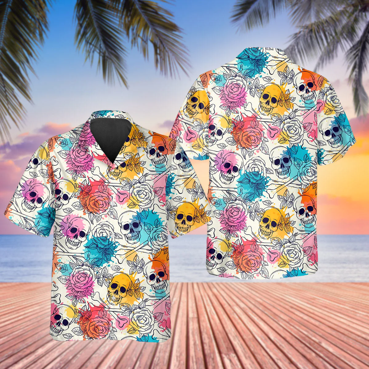 Colorful Mushroom Skull 3D Printed Trendy Hawaiian Shirt Men, Skull Flower Hawaiian Aloha Shirt