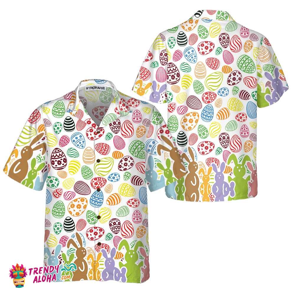 Colorful Rabbits And Easter Eggs Seamless Pattern Hawaiian Shirt, Easter Bunny Shirt, Funny Easter Shirt & Easter Gift Ideas