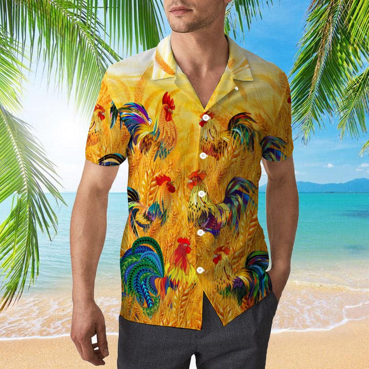Colorful Rooster Chicken In The Golden Paddy Field Trendy Hawaiian Shirt