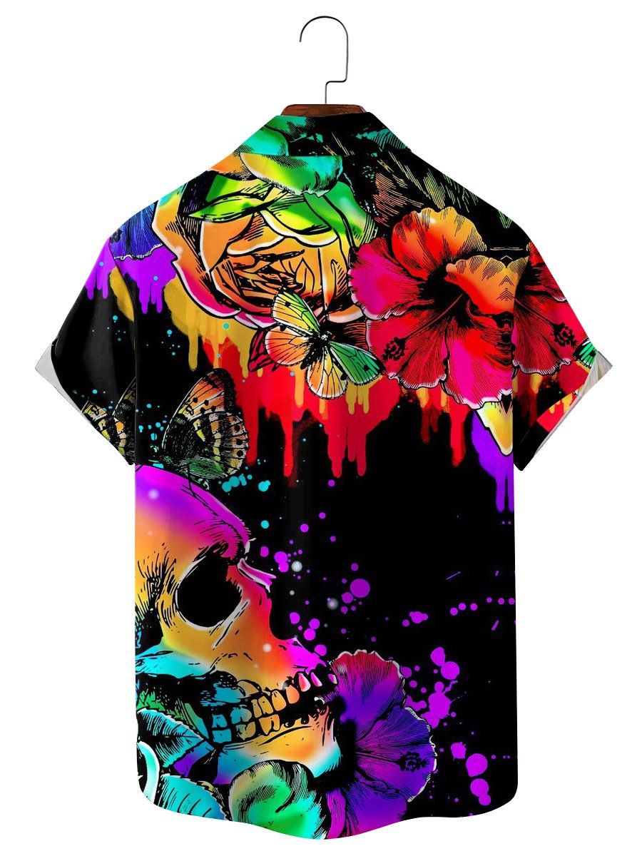 Colorful Skull And Flower Print Casual Short-Sleeved Shirt