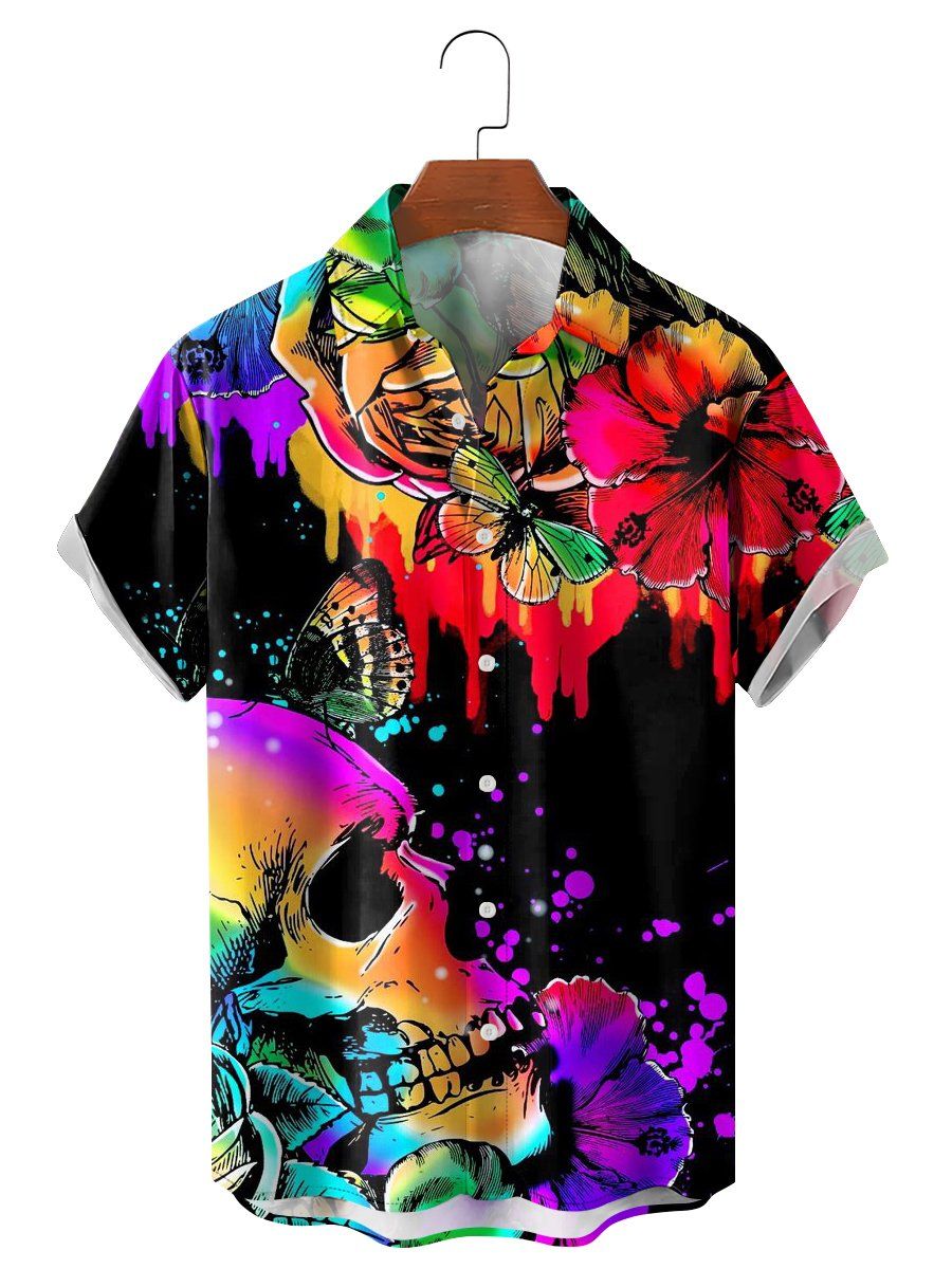 Colorful Skull And Flower Print Casual Short-Sleeved Shirt Colorful Skull And Flower Print Casual Short-Sleeved Shirt