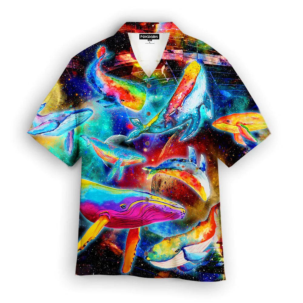 Colorful Whales Dancing In The Galaxy Neon Hawaiian Shirt Aloha Shirt