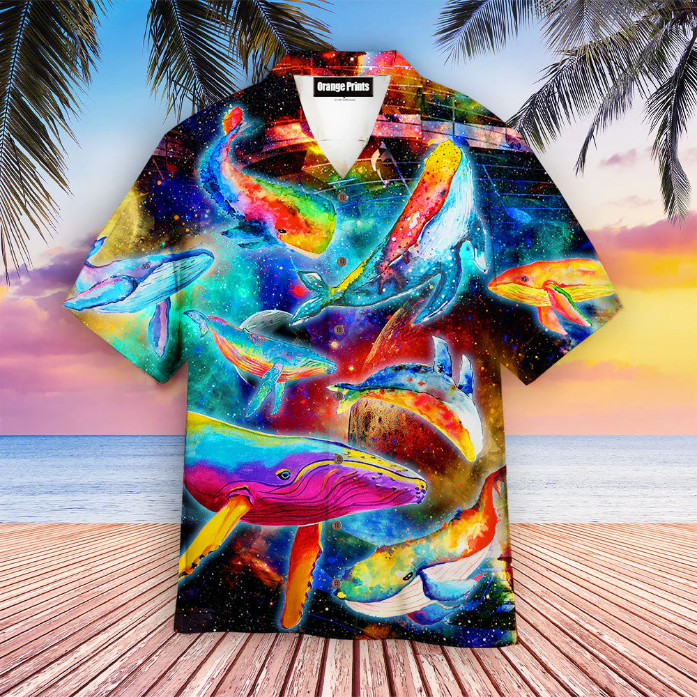 Colorful Whales Dancing In The Galaxy Neon Trendy Hawaiian Shirt  Aloha Shirt