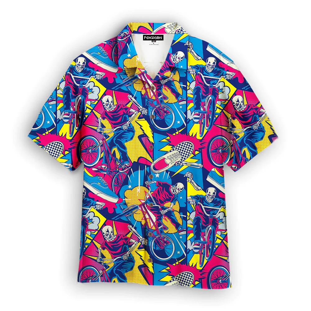 Comic Style Skull Riding A Bike Hawaiian Shirt