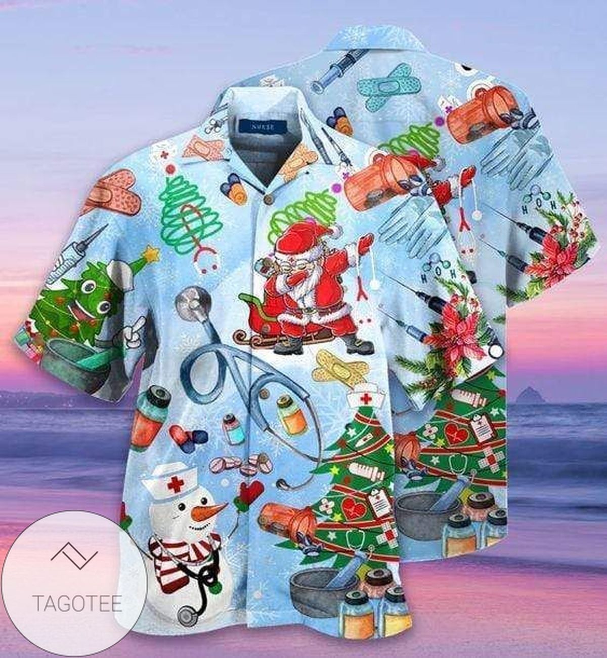Comical Nurse Joyfully Spreading Cheer on Vibrant Hawaiian Shirt