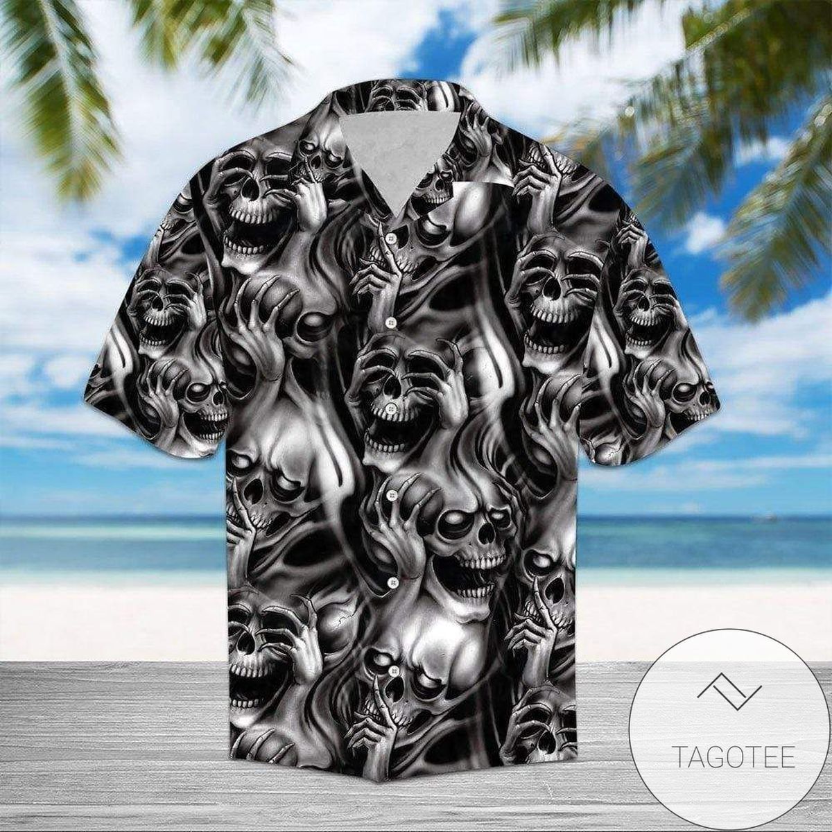 Contrast Of Smoking Skull In Black White Showcased On Hawaiian Shirt