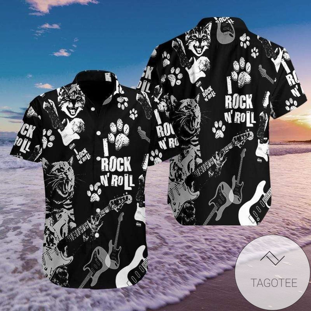 Cool Cat Playing Rock N Roll on This Lively Hawaiian Shirt