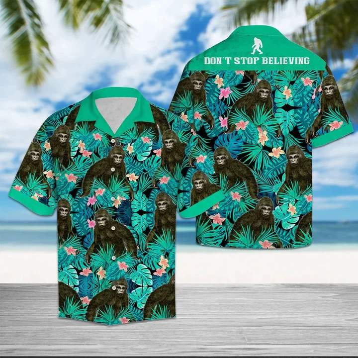 Cool Chimpanzee Mix Light Blue Leaves Hawaiian Shirt