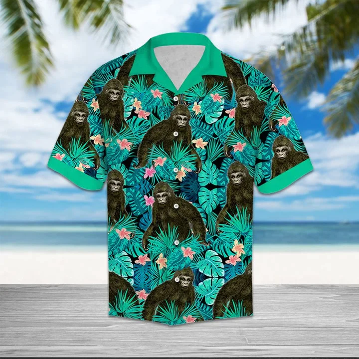 Cool Chimpanzee Mix Light Blue Leaves Trendy Hawaiian Shirt