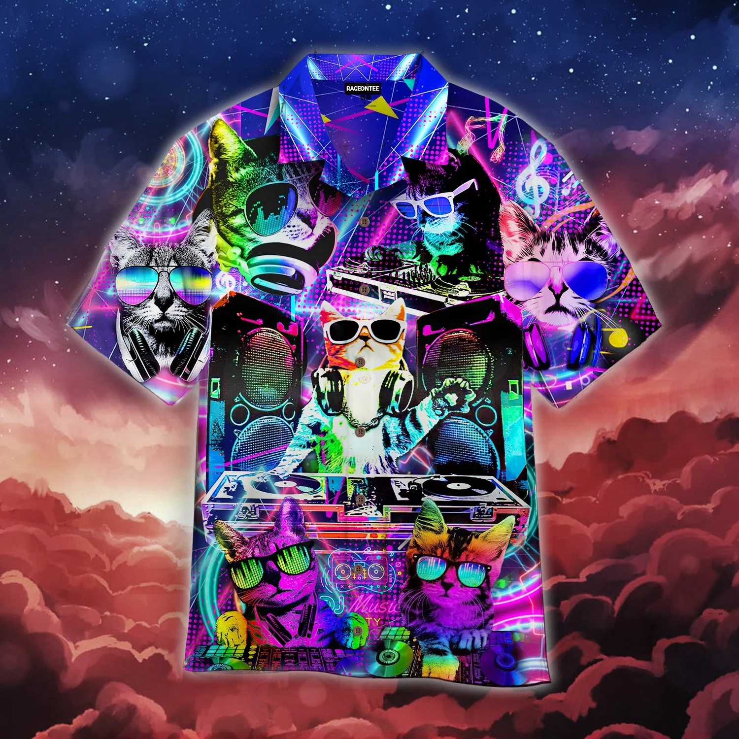 Cool Neon Dj Kitty Cat Hawaiian Shirt
