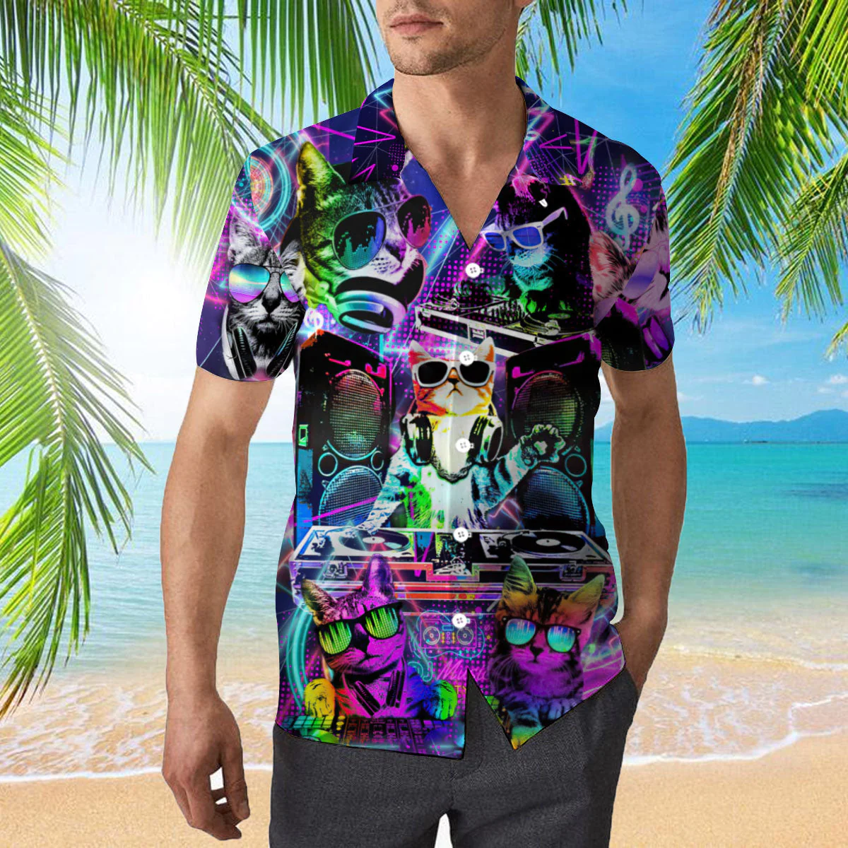 Cool Neon Dj Kitty Cat Trendy Hawaiian Shirt  Aloha Shirt