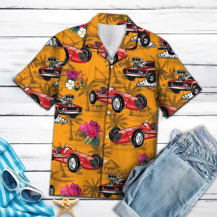Cool Red Drag Racing Tropical Flowers Pattern Trendy Hawaiian Shirt