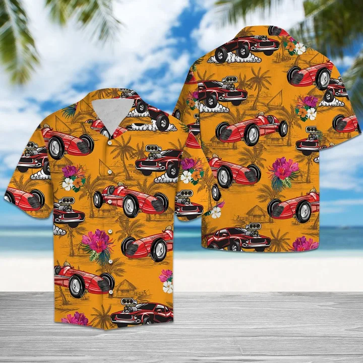 Cool Red Drag Racing Tropical Flowers Pattern Trendy Hawaiian Shirt