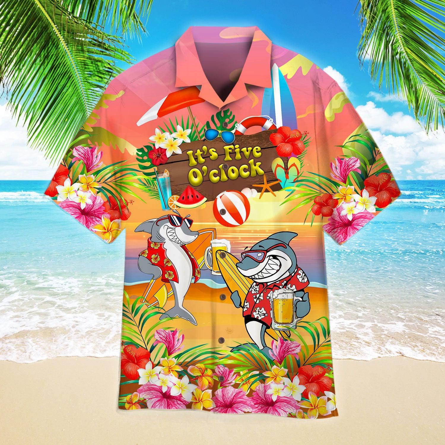 Cool Shark Drinking Beer Its 5 Oclock Somewhere Trendy Hawaiian Shirt For