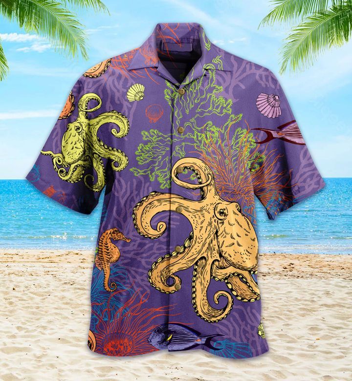 Coral Hawaiian Shirt Featuring Colorful Octopus