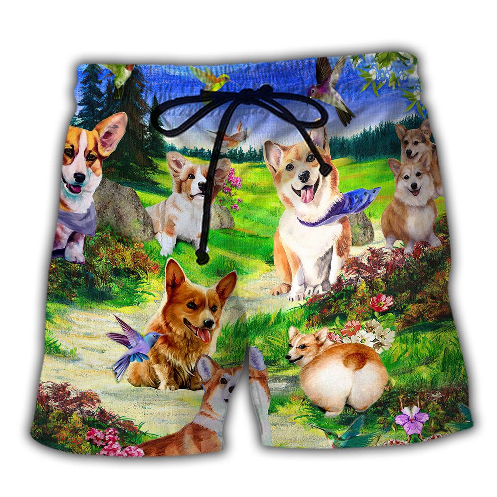 Corgi Dogs Love Sky Floral Trendy Aloha Hawaiian Beach Shorts Corgi Dogs Love Sky Floral Trendy Aloha Hawaiian Beach Shorts