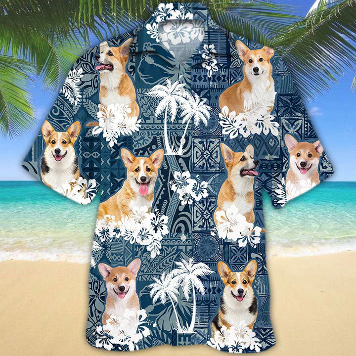Corgi Hawaiian Tropical Plants Pattern Blue And White All Over Printed 3D Hawaiian Shirt