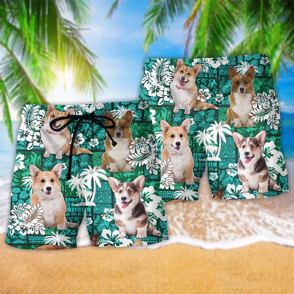Corgi Lover Green Tropical Life Trendy Aloha Hawaiian Beach Shorts