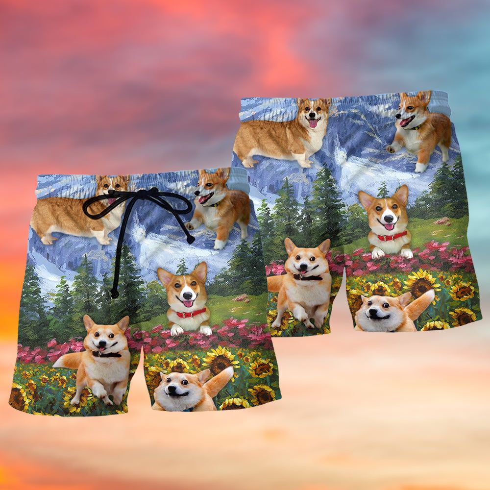 Corgi Play With Flower So Cute Trendy Aloha Hawaiian Beach Shorts