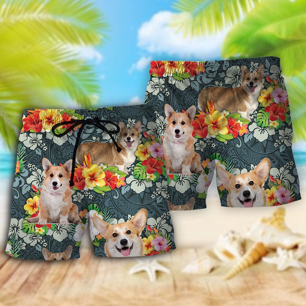 Corgi Tropical Floral Style Trendy Aloha Hawaiian Beach Shorts