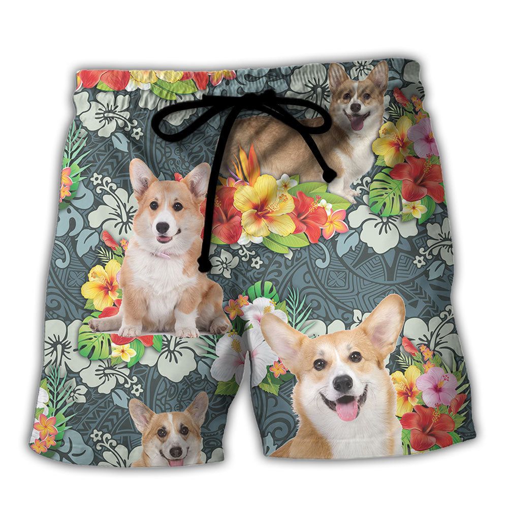 Corgi Tropical Floral Style Trendy Aloha Hawaiian Beach Shorts Corgi Tropical Floral Style Trendy Aloha Hawaiian Beach Shorts