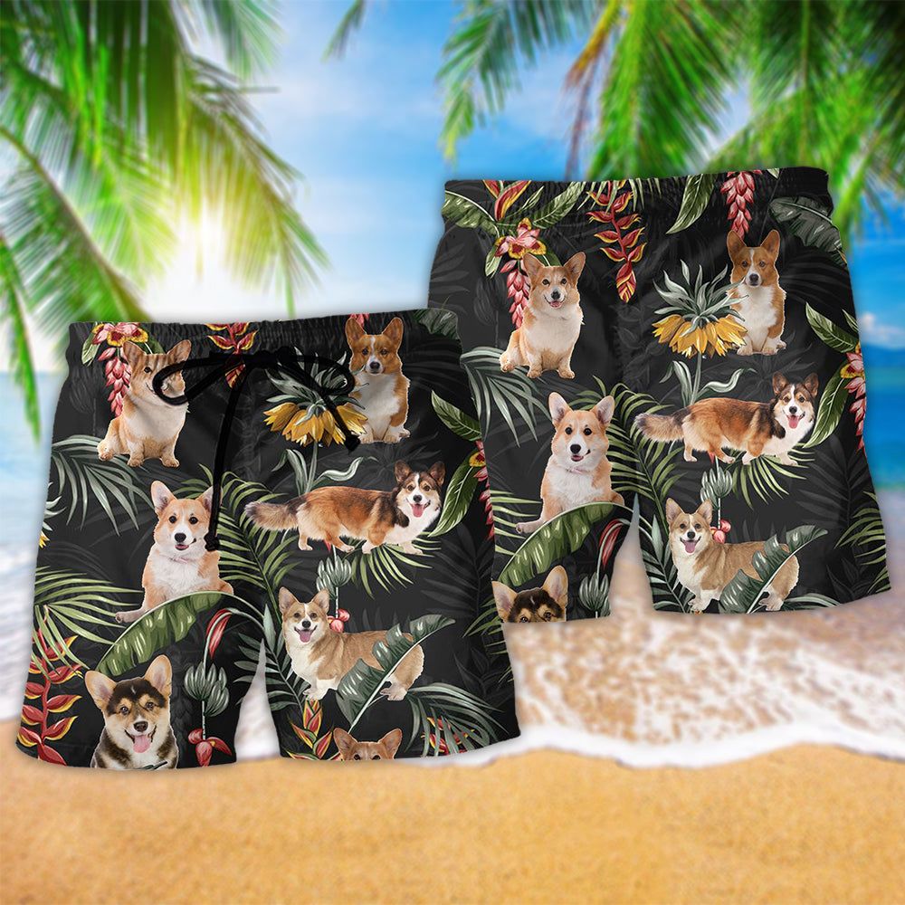 Corgi Tropical Leaf Lovely Dog Trendy Aloha Hawaiian Beach Shorts