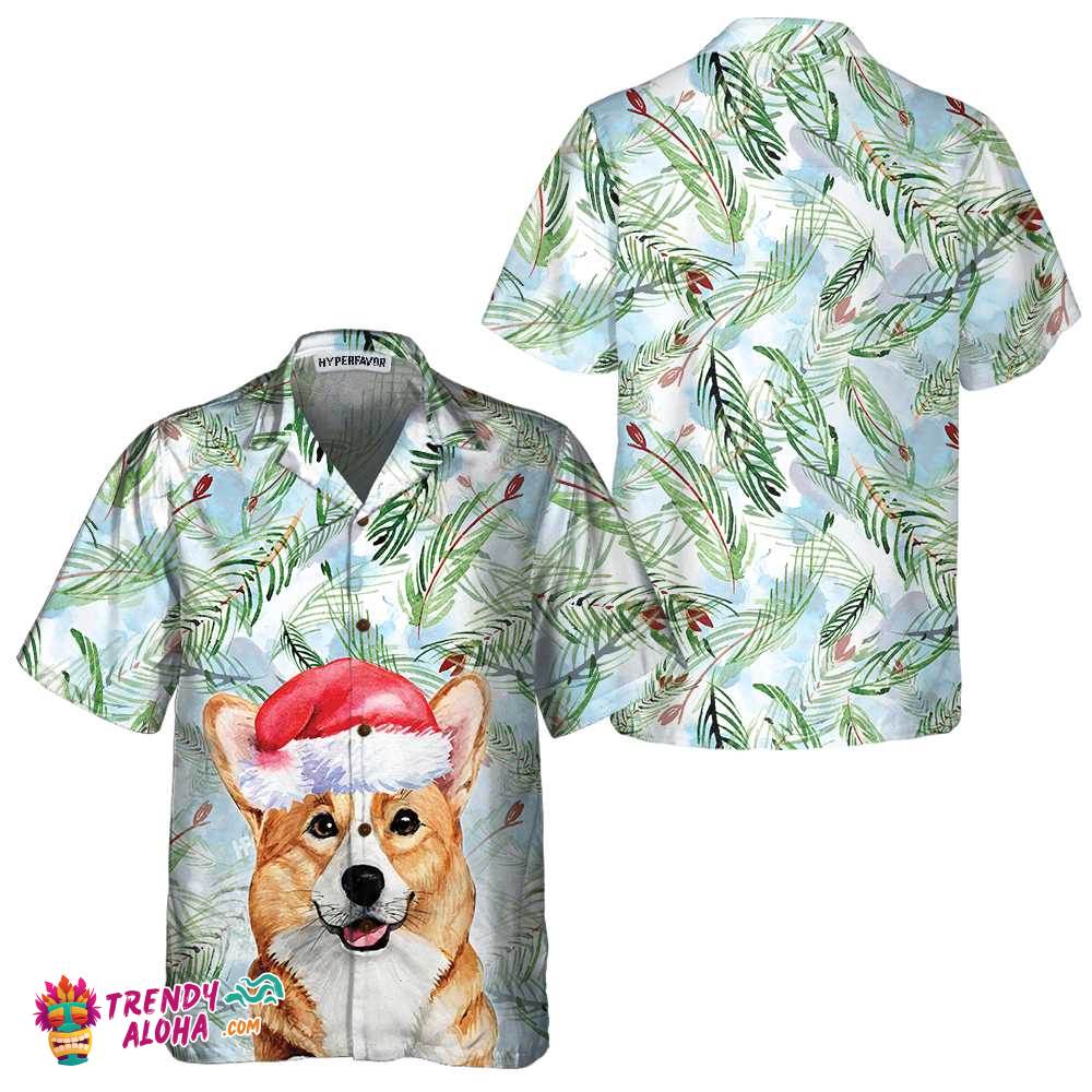 Corgi With Christmas Fir Branches Pattern Hawaiian Shirt, Corgi Christmas Shirt, Best Christmas Gift Idea