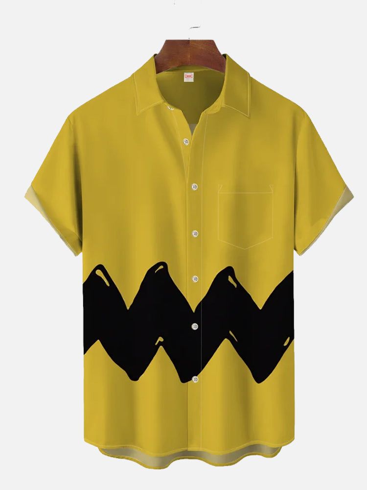 Cosplay Retro Cartoon Image Yellow And Black Matching Art Stripe Printing Short Sleeve Aloha Hawaiian Shirt