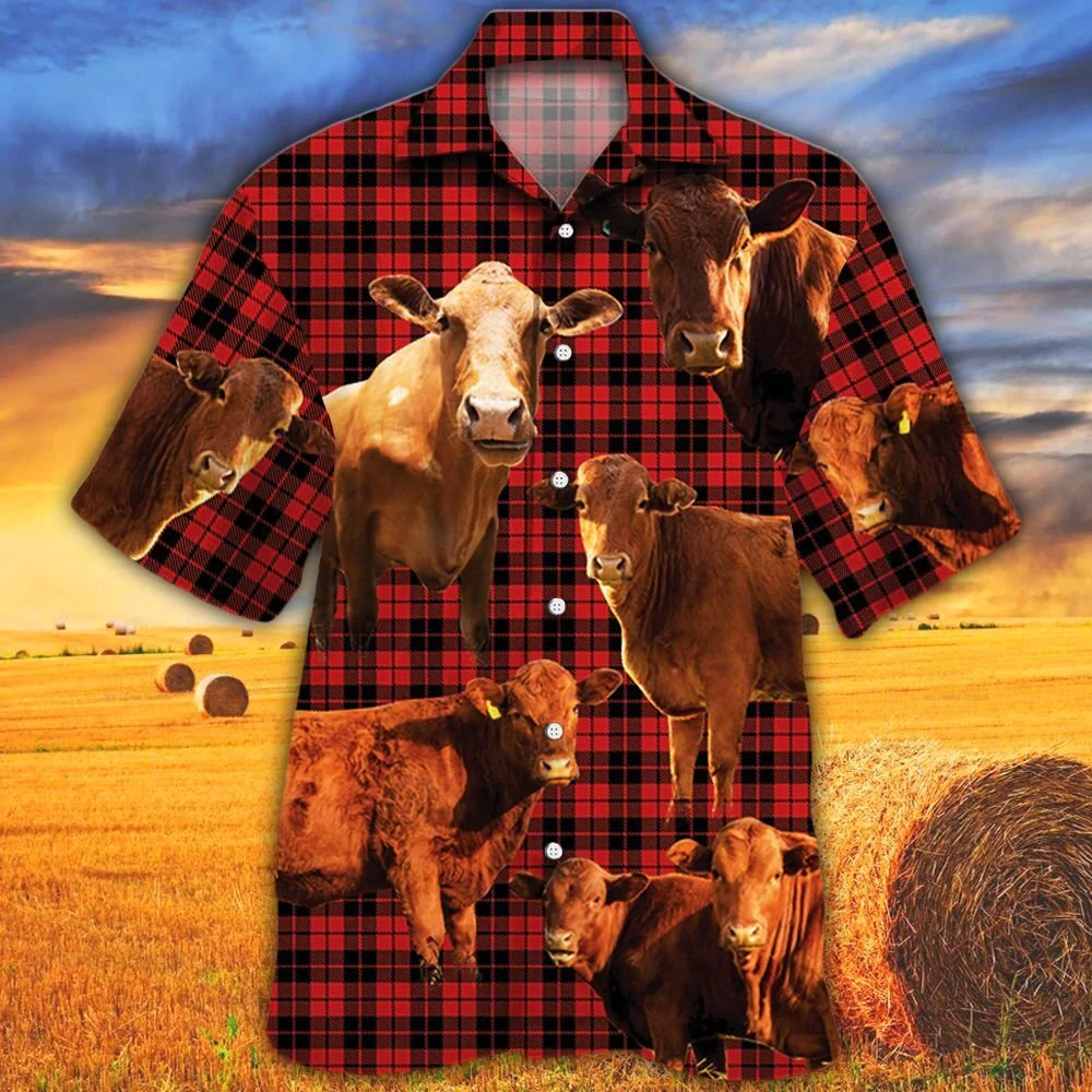 Cow Adorned With Red Tartan Pattern Hawaiian Shirt Stylish Design