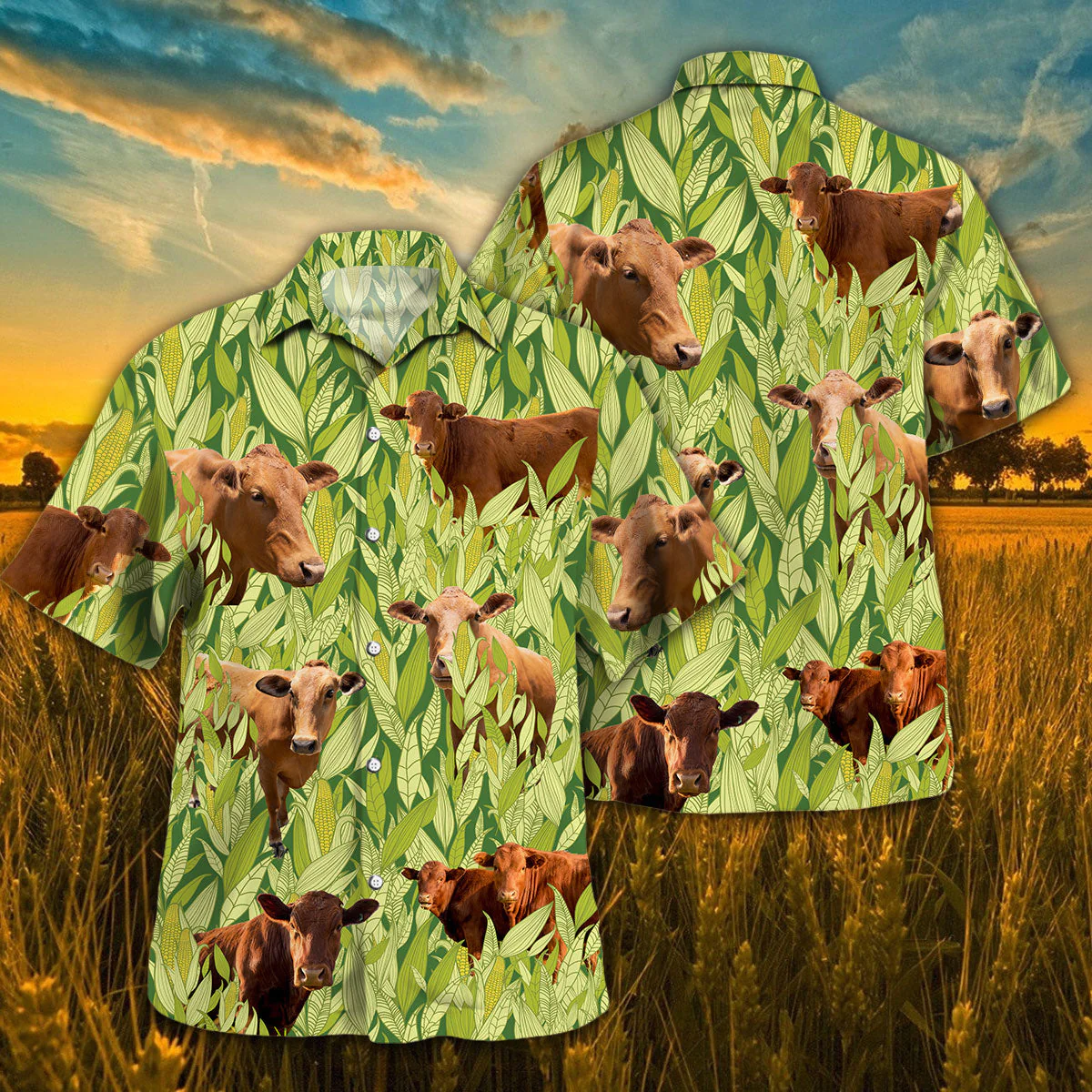 Cow Amidst Lush Green Cornfields Hawaiian Shirt Illustration