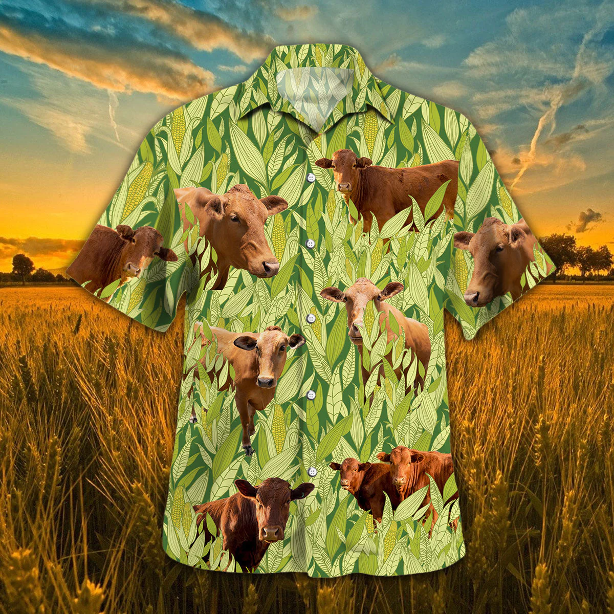 Cow Amidst Lush Green Cornfields Hawaiian Shirt Illustration Cow Amidst Lush Green Cornfields Hawaiian Shirt Illustration