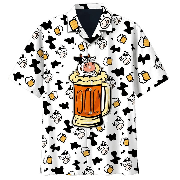 Cow And Beer Cow Skin Pattern Black And White Theme Hawaiian Shirt