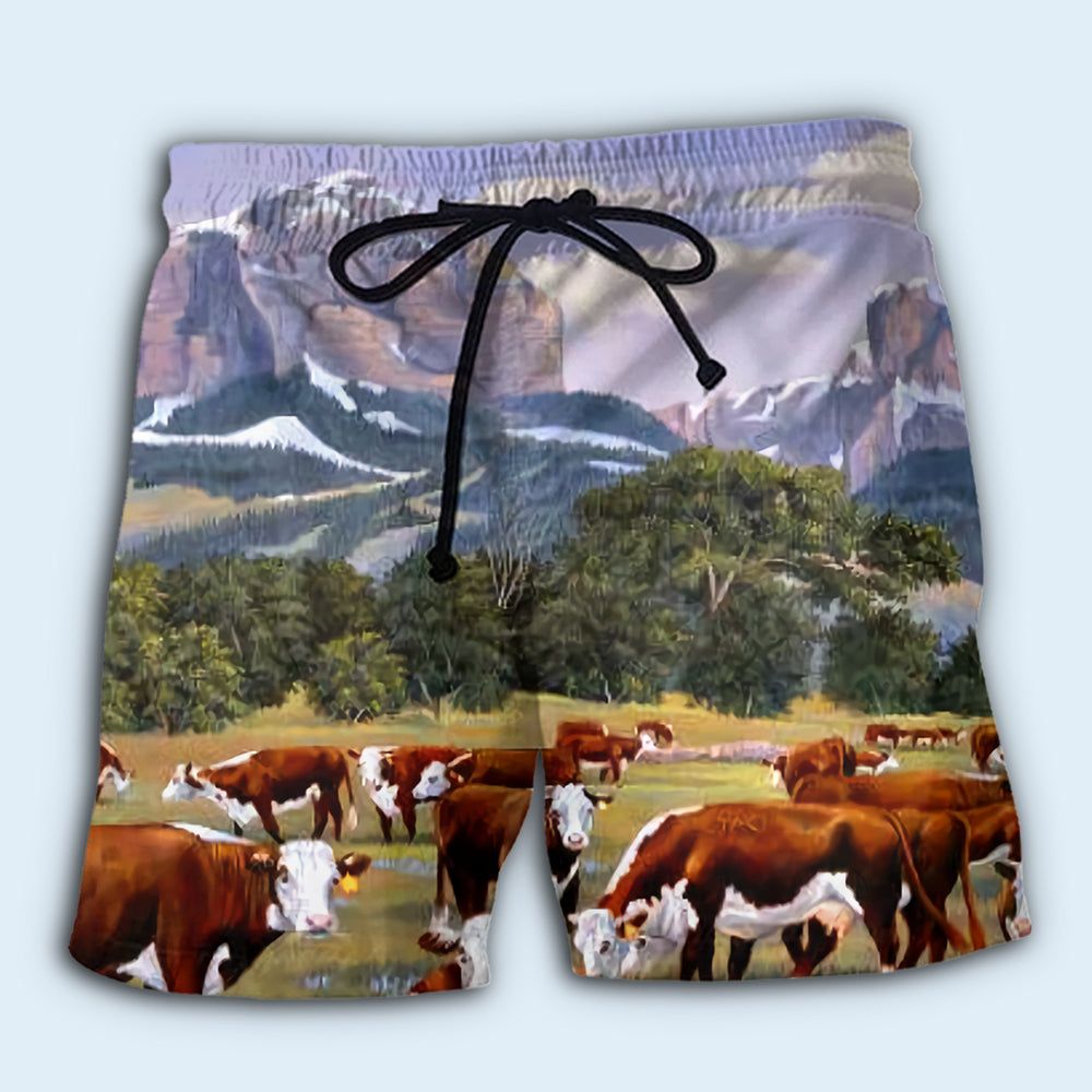 Cow Beautiful Landscape Mountain Trendy Aloha Hawaiian Beach Shorts