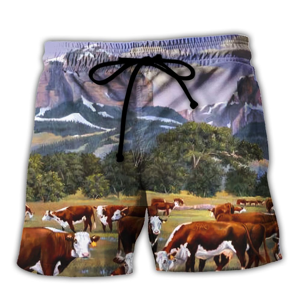Cow Beautiful Landscape Mountain Trendy Aloha Hawaiian Beach Shorts Cow Beautiful Landscape Mountain Trendy Aloha Hawaiian Beach Shorts