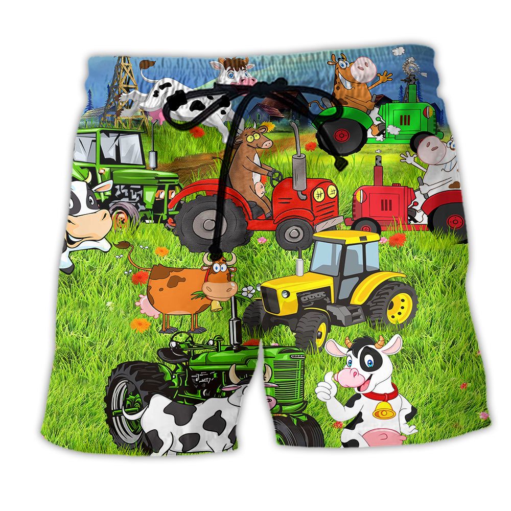 Cow Happy Everyday With Life Trendy Aloha Hawaiian Beach Shorts Cow Happy Everyday With Life Trendy Aloha Hawaiian Beach Shorts