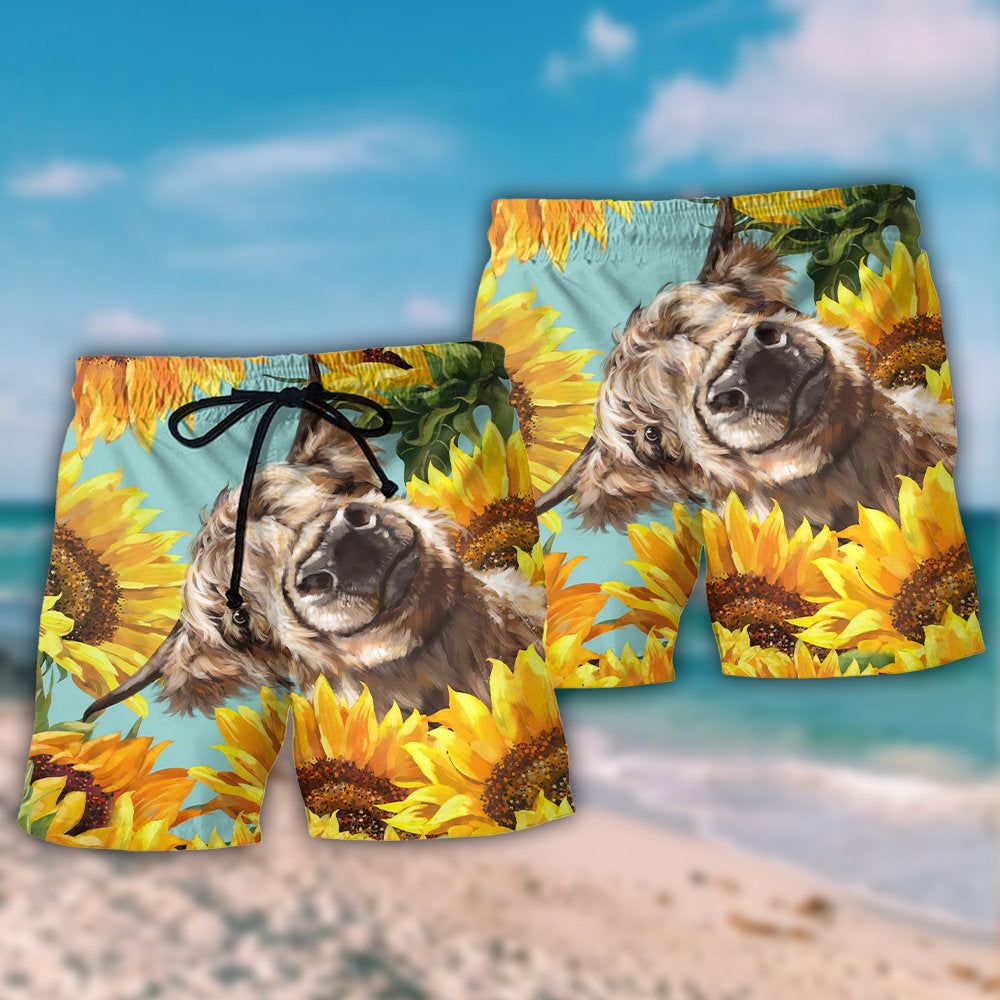 Cow Happy Life With Sunflower Trendy Aloha Hawaiian Beach Shorts
