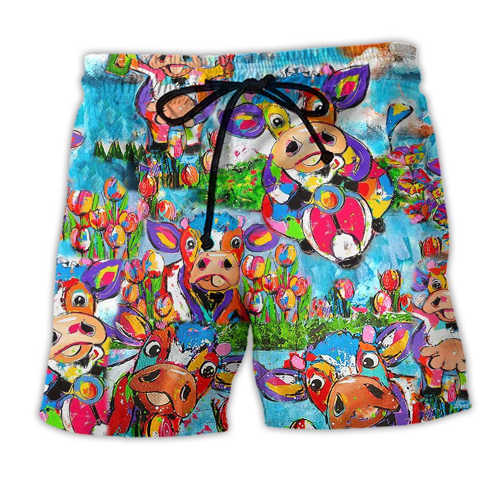 Cow Happy Love Animals Trendy Aloha Hawaiian Beach Shorts Cow Happy Love Animals Trendy Aloha Hawaiian Beach Shorts