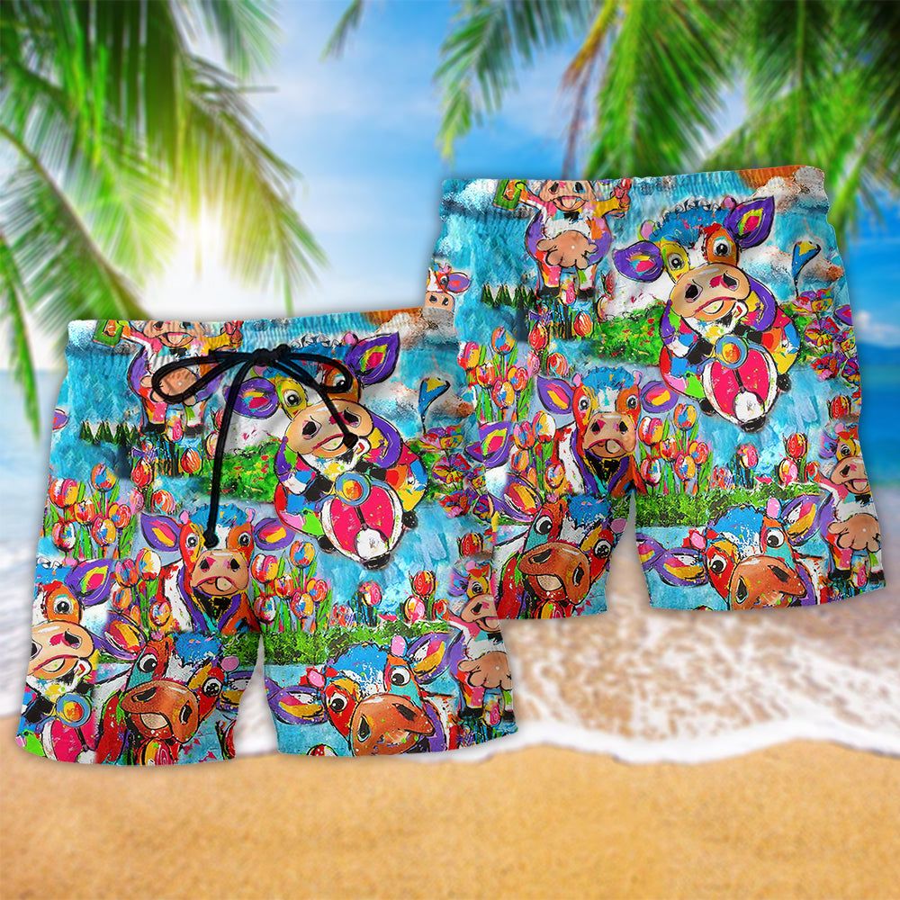 Cow Happy Love Animals Trendy Aloha Hawaiian Beach Shorts