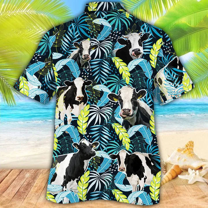 Cow Hawaii Shirt, Holstein Friesian Cattle Lovers Jungle Leaves Trendy Hawaiian Shirt, Trendy Hawaiian Shirt Men, Women