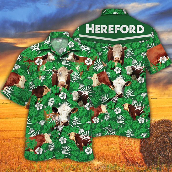 Cow Hawaiian Shirts Hereford Cattle Lovers Green Floral Pattern Hawaiian Shirt