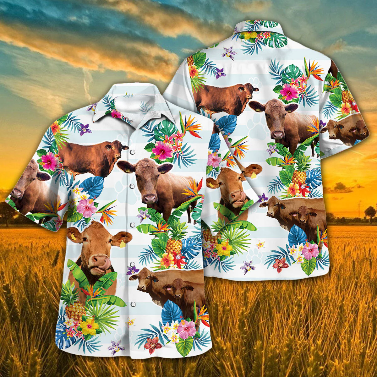 Cow Hawaiian Theme Plants Pineapple All Over Printed 3D Hawaiian Shirt