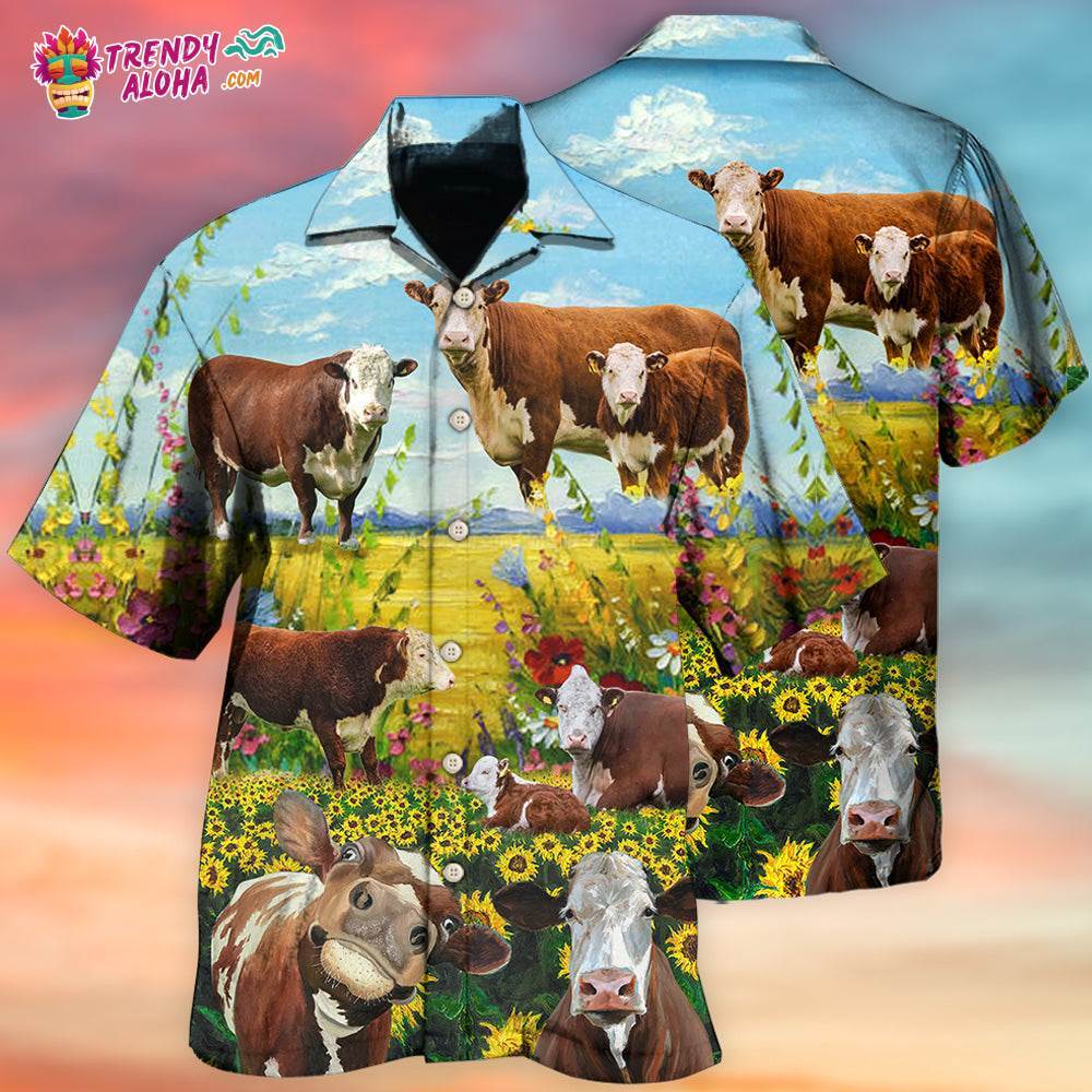 Cow Hereford Cow Landscape Style Hawaiian Shirt – Trendy Aloha