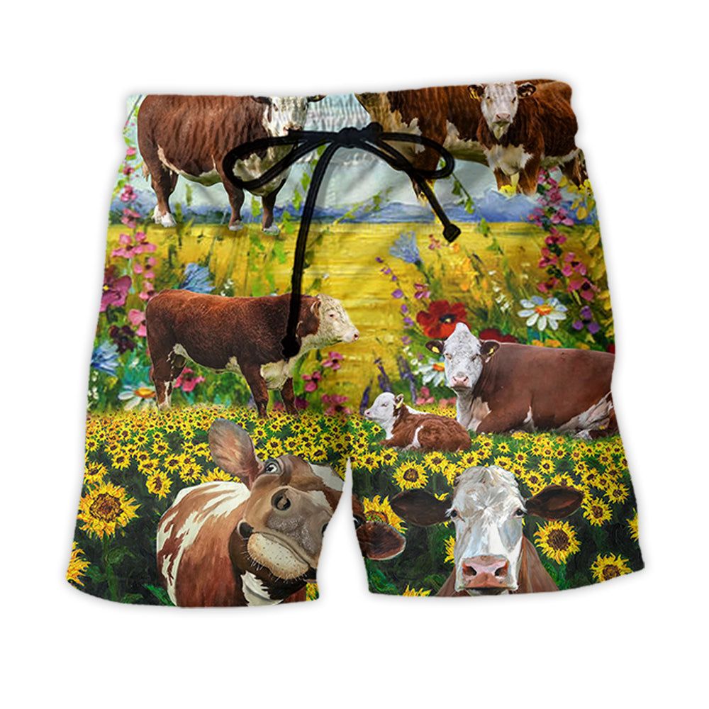 Cow Hereford Landscape Style Trendy Aloha Hawaiian Beach Shorts Cow Hereford Landscape Style Trendy Aloha Hawaiian Beach Shorts