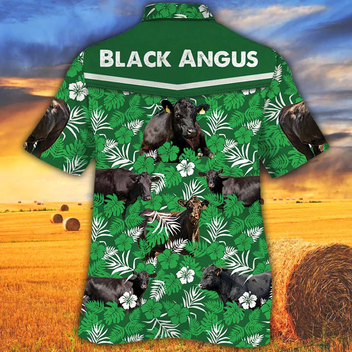 Cow Lover Trendy Hawaiian Shirts Black Angus Cattle Lovers Green Floral Pattern Trendy Hawaiian Shirt