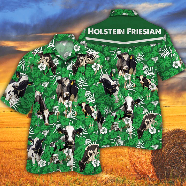 Cow Lovers Farm Cattle Mens Hawaiian Shirt Holstein Friesian Cattle Lovers Green Floral Pattern Hawaiian Shirt