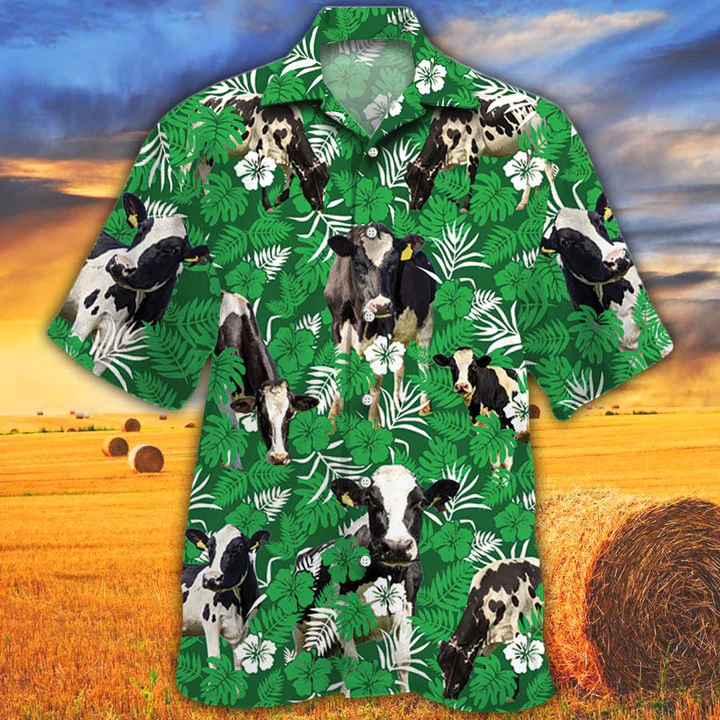 Cow Lovers Farm Cattle Mens Trendy Hawaiian Shirt – Holstein Friesian Cattle Lovers Green Floral Pattern Trendy Hawaiian Shirt
