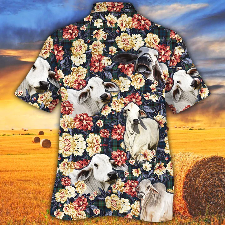 Cow Men’s Trendy Hawaiian Shirt – Vintage Farm Trendy Hawaiian Shirts, Brahman Cattle Lovers Green Plaid Pattern Trendy Hawaiian Shirt